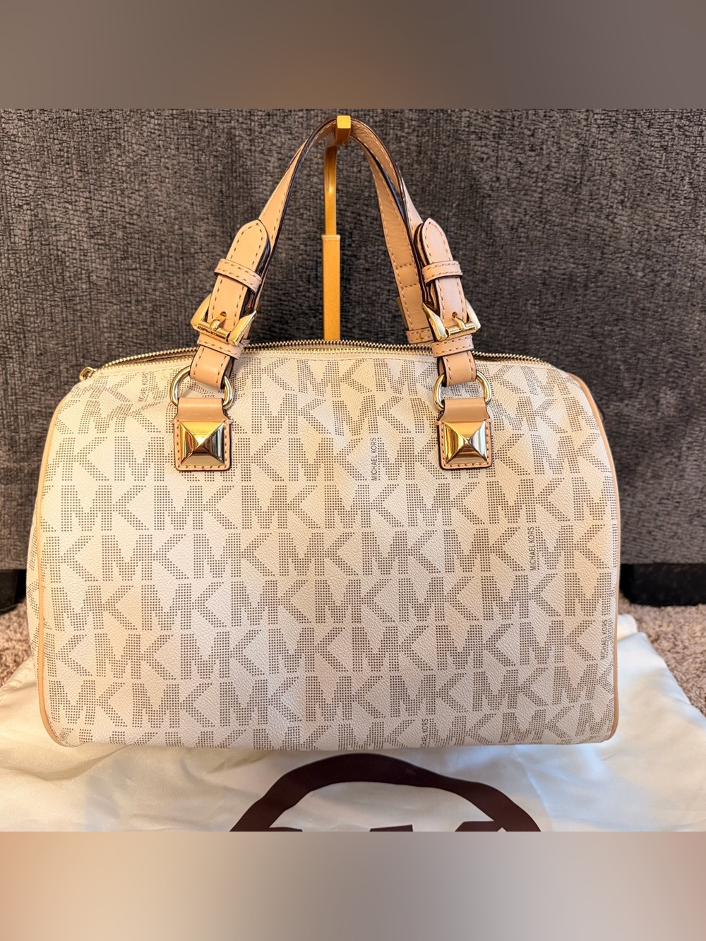 Michael Kors Cream Logo Satchel with Tan Leather Trim and Gold Hardware - Picture 5 of 11